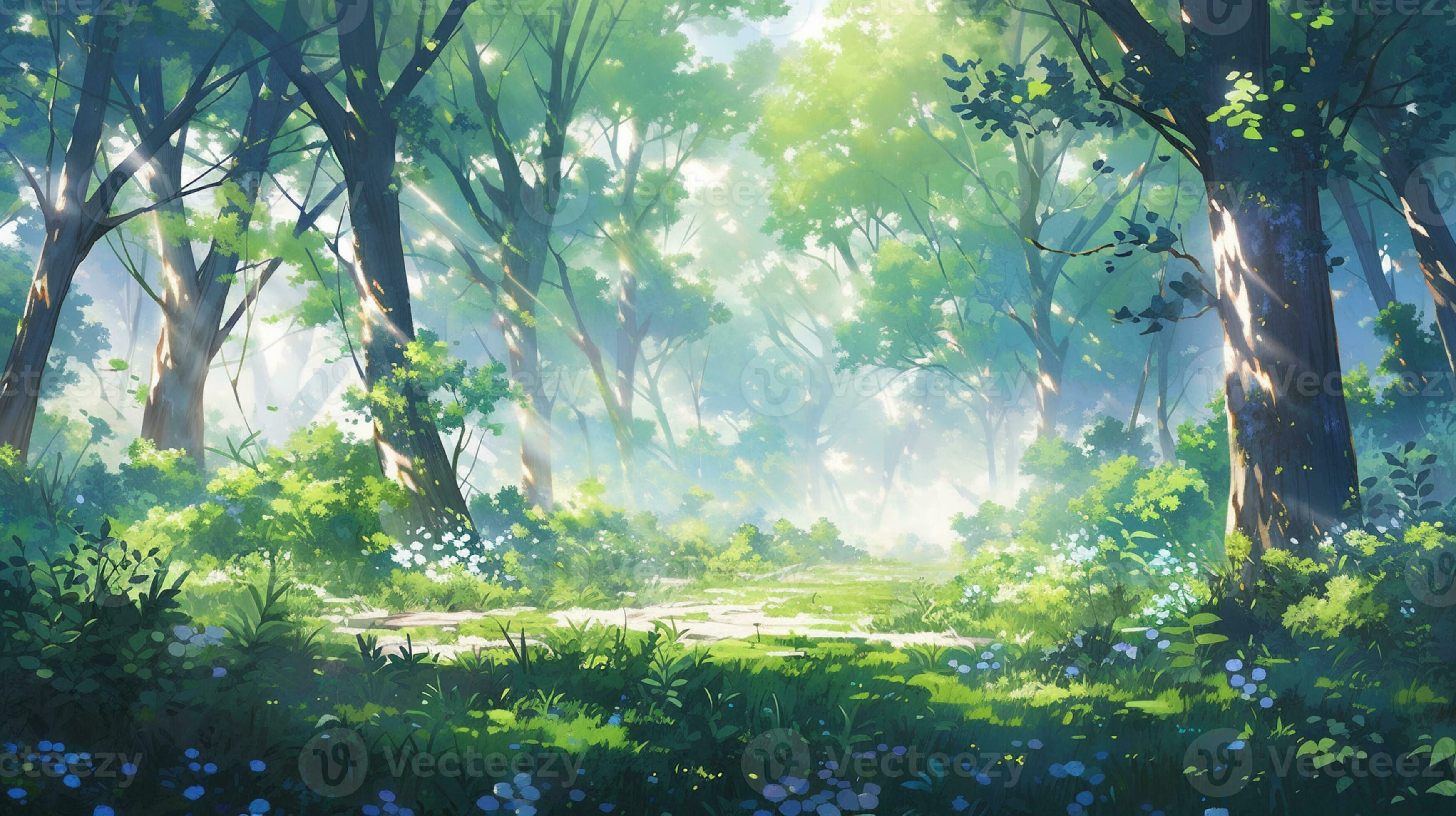 animê cenário do uma floresta com uma caminho e flores generativo ai.  28462470 Foto de stock no Vecteezy